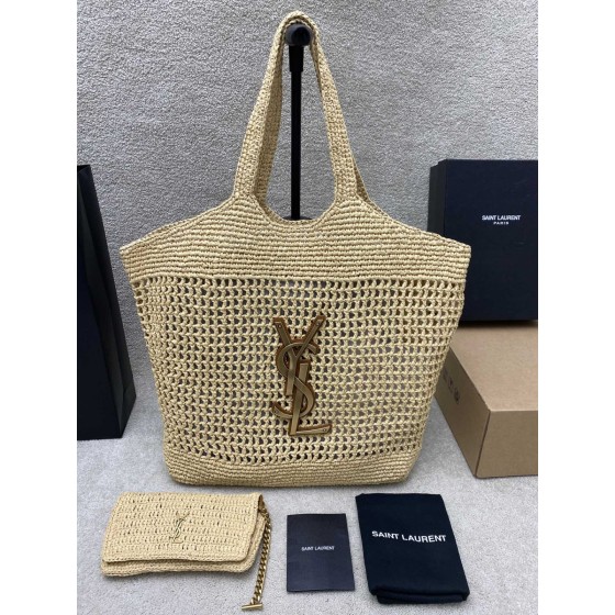 YSL ICARE Woven Shopping Bag Raffia Apricot Gold